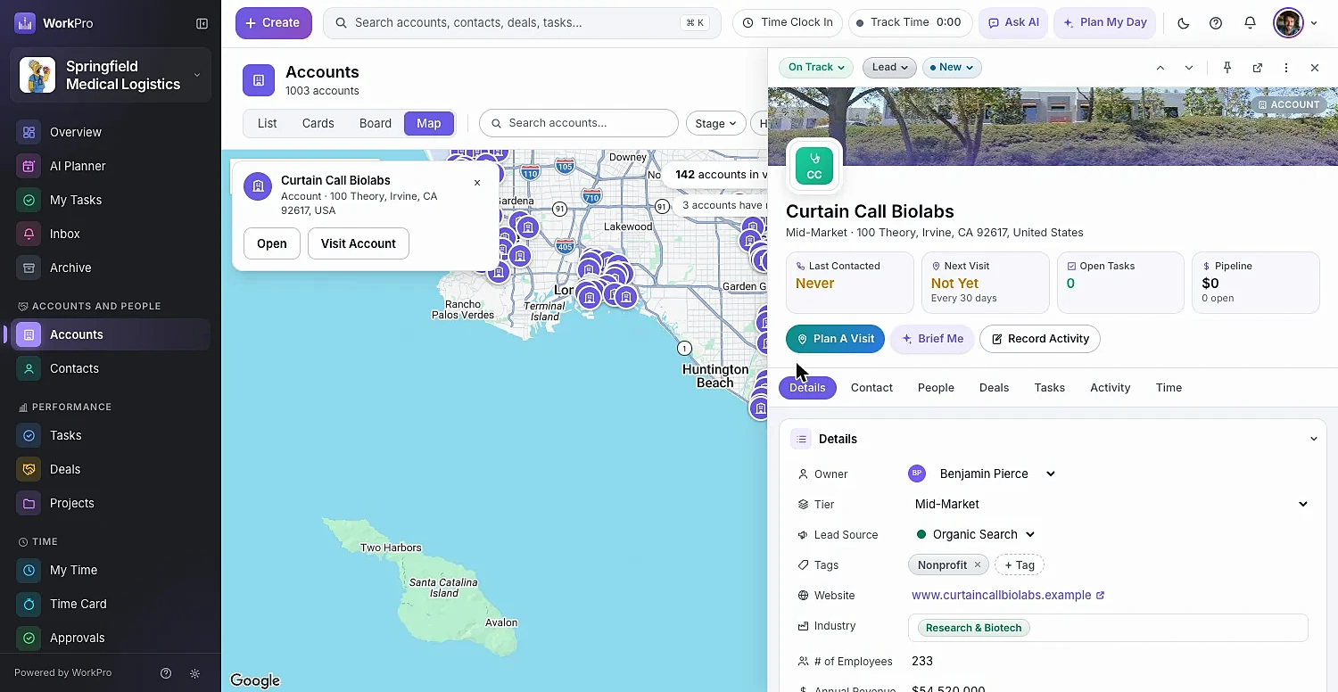 Accounts plotted on a map with one account open in the side pane