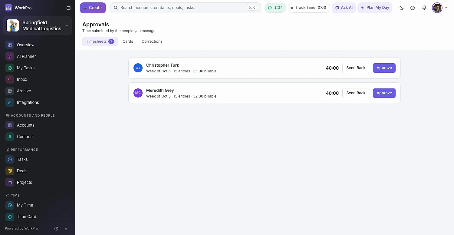 Manager approvals of submitted timesheets in WorkPro