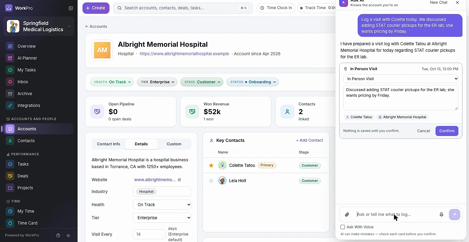 Ask AI showing a prepared in-person visit as an editable card with Confirm and Cancel