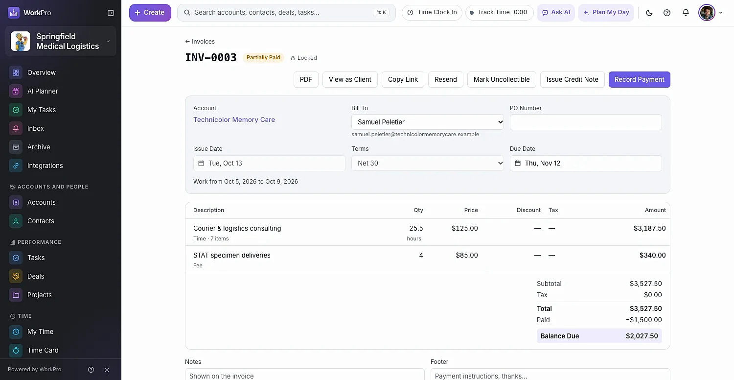 A partially paid WorkPro invoice with time and fee line items and the balance due