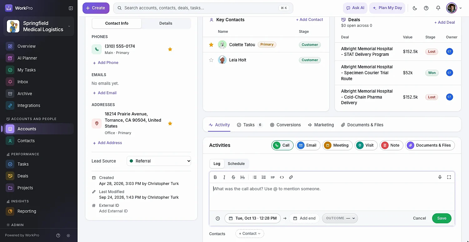 Logging a call in WorkPro with an outcome, notes and linked contacts