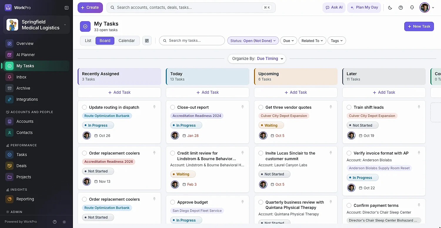 The WorkPro My Tasks board organized by due timing