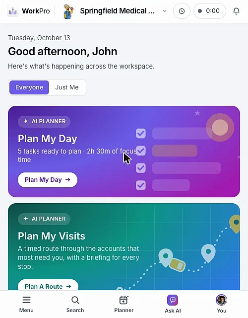 WorkPro Overview on a phone with AI Planner cards