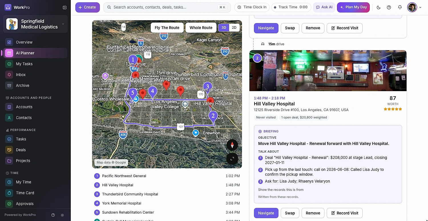 A planned visit route on a map with an AI briefing for each stop