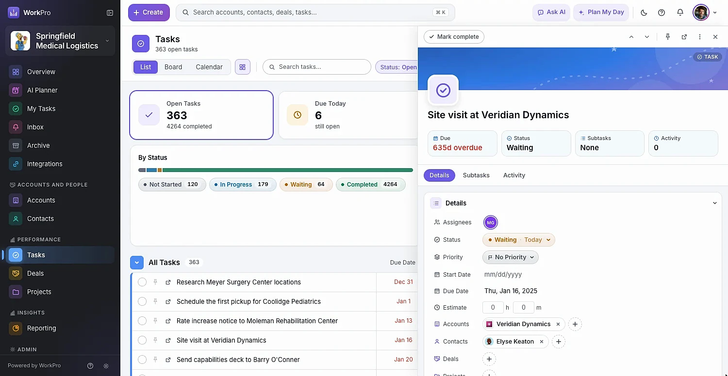 A WorkPro task open in the side pane with subtasks and activity